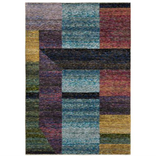 5′ X 7′ Purple Blue Teal Gold Green Red And Pink Geometric Power Loom Stain Resistant Area Rug