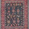 10′ X 13′ Pink Blue And Orange Wool Floral Hand Knotted Distressed Stain Resistant Area Rug With Fringe