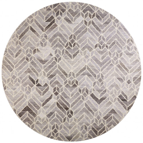 10′ Taupe Gray And Ivory Round Wool Geometric Tufted Handmade Area Rug