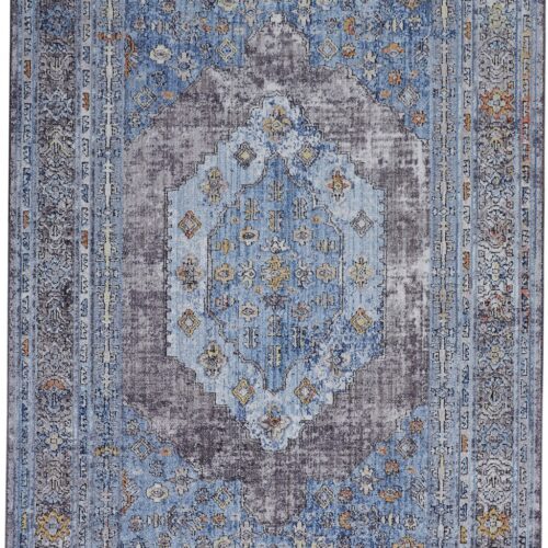 8′ X 10′ Blue Gray And Gold Floral Stain Resistant Area Rug