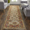 8′ Ivory Red And Blue Wool Floral Hand Knotted Stain Resistant Runner Rug