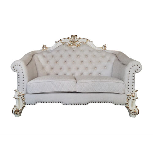 66″ Two Tone Ivory And Pearl Velvet Love Seat And Toss Pillows