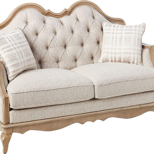 62″ Beige And Brown Linen Love Seat And Toss Pillows