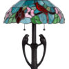 22″ Bronze Two Light Tiffany Table Lamp With Aqua and Red Floral Shade