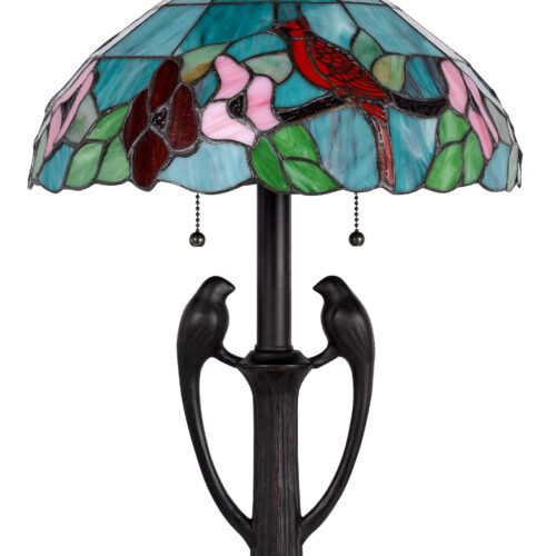 22″ Bronze Two Light Tiffany Table Lamp With Aqua and Red Floral Shade