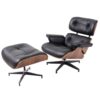 35″ Black Tufted Leather And Brown Swivel Lounge Chair with Ottoman