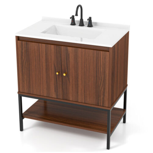 31 Inch Bathroom Vanity Sink Combo with Doors and Open Shelf-Walnut