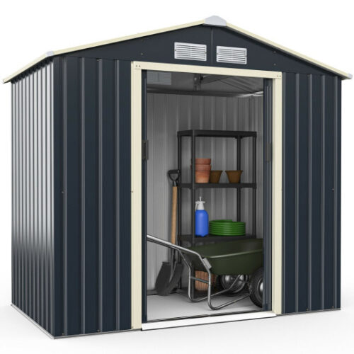 7 Feet x 4 Feet Metal Storage Shed with Sliding Double Lockable Doors-Gray