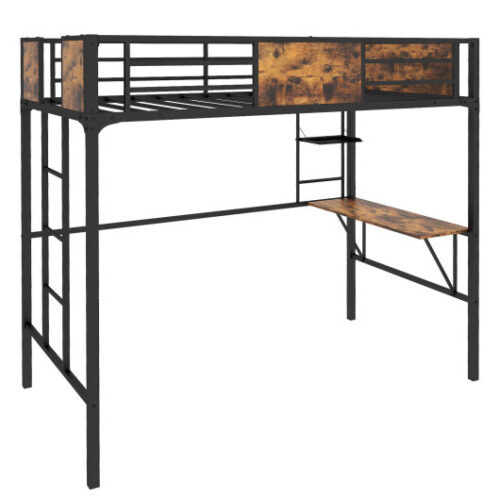 Twin Size Industrial Metal Loft Bed with Desk Storage Shelf and Build-in Ladder-Twin Size