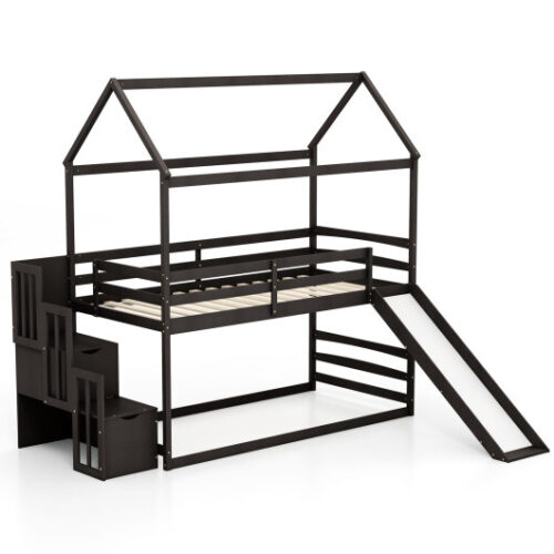 Twin over Twin Bunk Bed with Slide and 2-Step Storage Staircase-Espresso