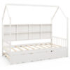 Twin Size Kids Montessori Daybed with Roof and Shelf Compartments-White