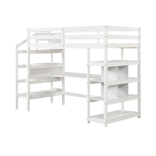 Twin Size Loft Bed with Desk and Storage Stairs Loft Bed Frame with Shelves and Safety Guardrails-White