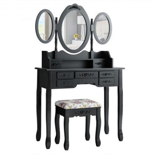 7 Drawer Tri-Folding Mirror Dressing Vanity Makeup Set-Black