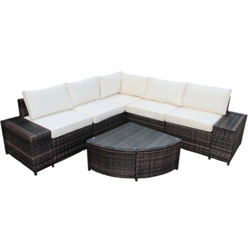 6 Piece Wicker Patio Sectional Sofa Set with Tempered Glass Coffee Table-Turquoise