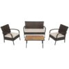 4 Pieces Patio Cushioned Wicker Conversation Set with Acacia Wood Tabletop