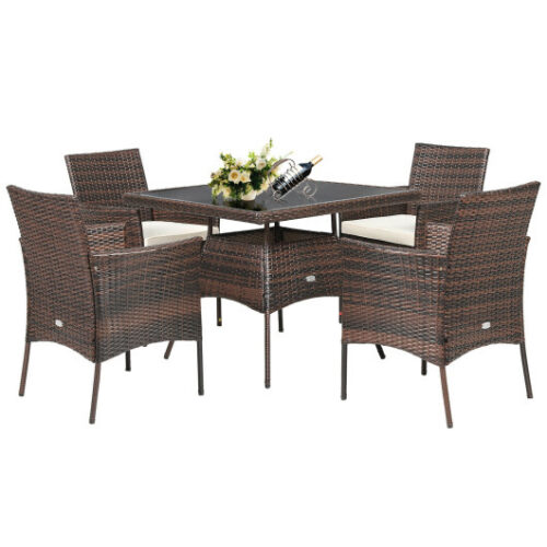 5 Pieces Patio Rattan Dining Furniture Set with Arm Chair and Wooden Table Top