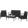 4 Pieces Patio Rattan Cushioned Furniture Set with Wooden Tabletop