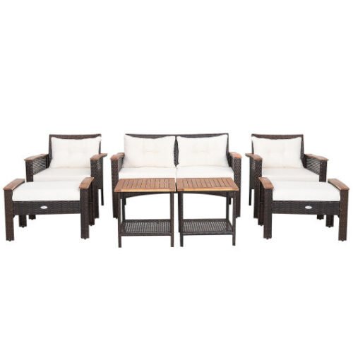 7 Pieces Patio Rattan Cushioned Conversation Furniture Set