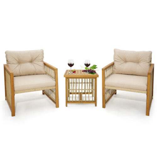 3 Pieces Patio PE Wicker Conversation Set with Acacia Wood Frame and Cushions-Beige