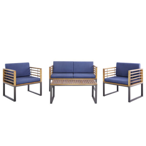 4 Piece Patio Acacia Wood Conversation Set with Soft Seat-Navy