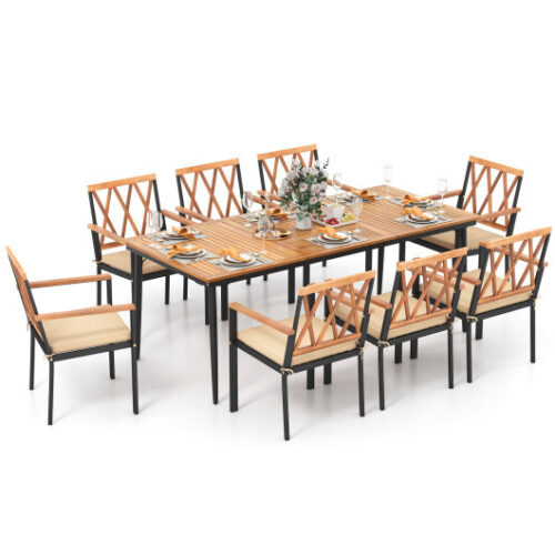 9 Pieces Patio Dining Set with 1.9 Inch Umbrella Hole and Seat Cushions