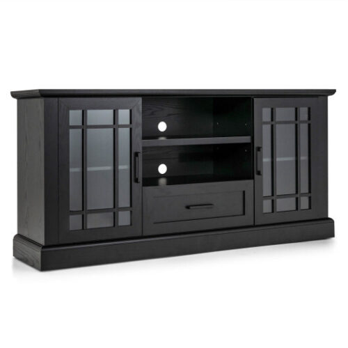 TV Stand for TVs up to 70  with Glass Doors Cubbies and Drawer-Black