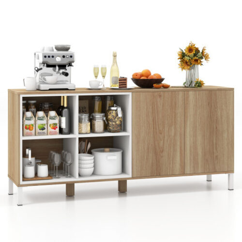 63 Inches Buffet Sideboard with 4 Compartments and Push-to-Open Cabinet-Natural