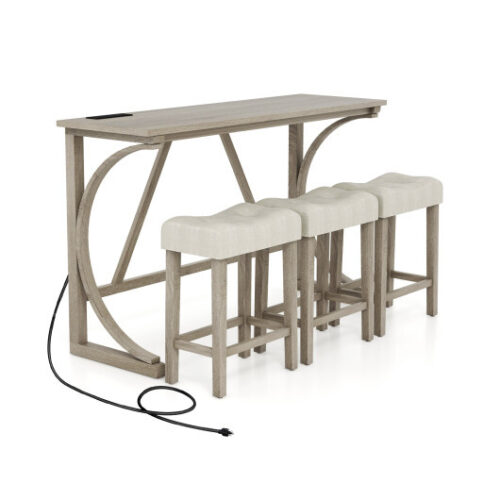 4-Piece Bar Table Set with Power Outlet and Upholstered Saddle Seat Stools-Grey and Beige