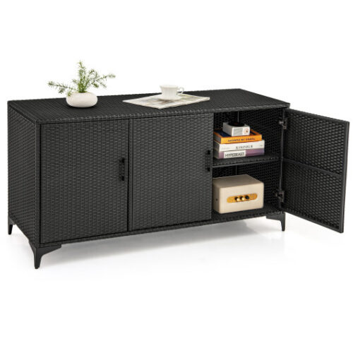 84 Gallon Patio Wicker Deck Box 3-Door PE Rattan Storage Container with Removable Shelves-Black