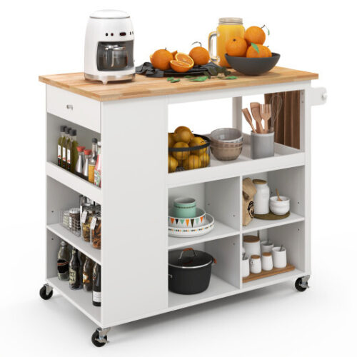 Kitchen Island Trolley Cart on Wheels with Storage Open Shelves and Drawer-White