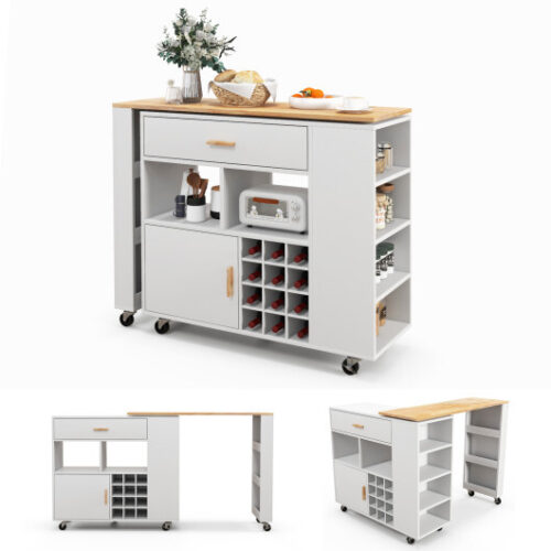 Reversible Folding Kitchen Island Cart with Wine Rack and Spice Rack