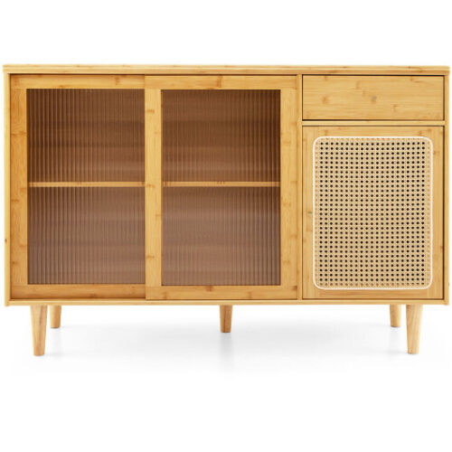 Modern Bamboo Buffet Sideboard Cabinet with Tempered Glass Sliding Doors-Natural