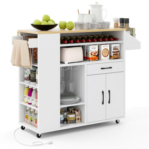 Rolling Kitchen Island Cart with Power Outlet for Dining Room-White and Natural