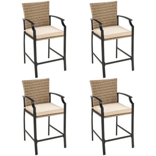 Patio Rattan Bar Stools Set of 4 with Soft Cushions