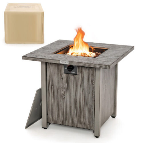 28 Inch 40 000 BTU Square Fire Pit Table with Lid and Lava Rocks-Gray