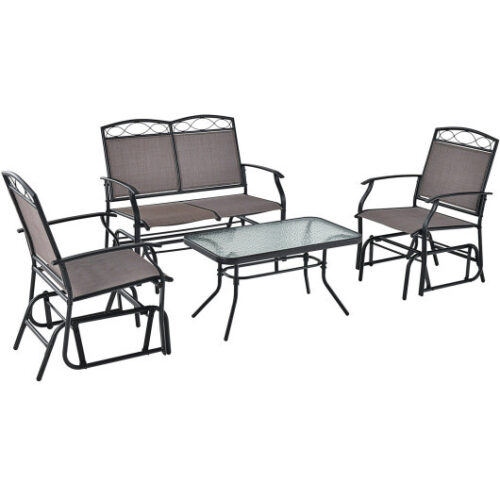 4 Piece Patio Glider Conversation Set with Tempered Glass Table Top-Brown