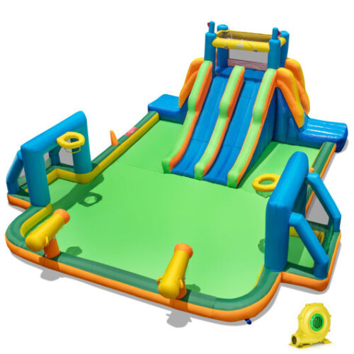 Kids Inflatable Water Slide with 2 Long Slides and 2 Soccer Gates with 1100W Blower