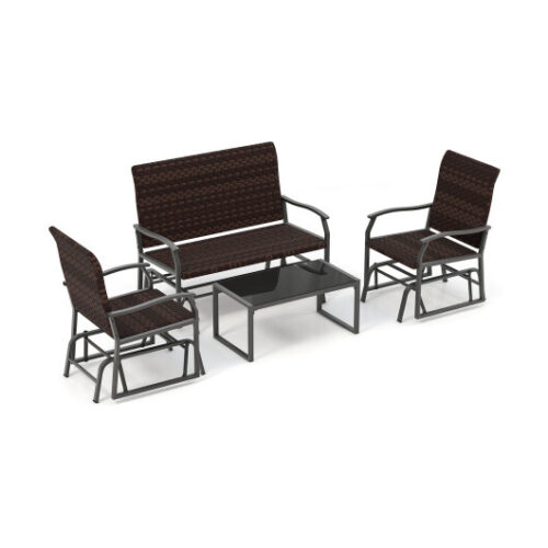 4 Piece Patio Gliding Set Wicker Swing Glider Furniture Set All Weather witrh Tempered Glass Coffee Table-Brown