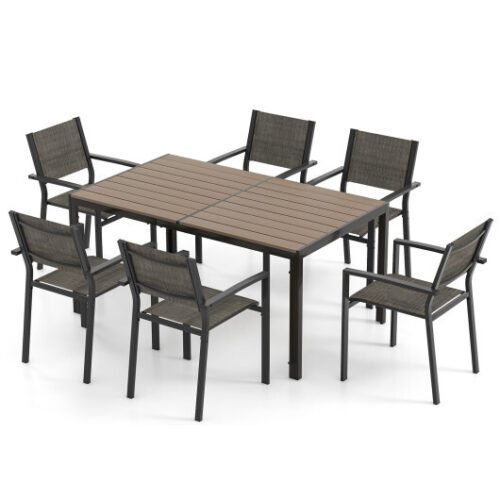 7 Piece Outdoor Dining Set with 6 Stackable Chairs and Large Rectangle Table-Gray