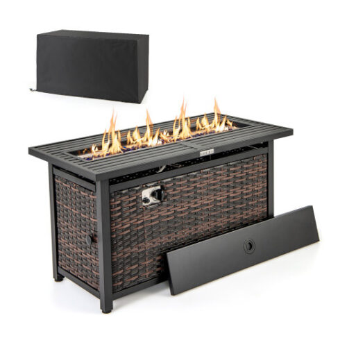 45 Inch Propane Rattan Firepit Table with Glass Stones and Protective Cover-Mixed Brown